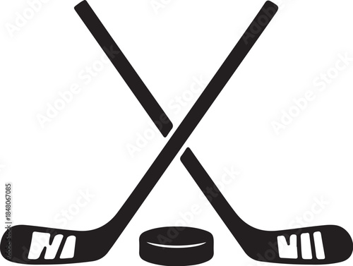 Two Black Hockey Sticks Crossed with a Puck in the Center also transparent background