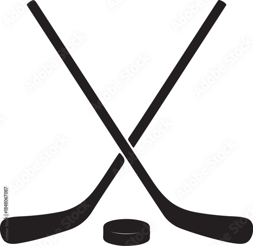 Two Black Hockey Sticks Crossing Over a Black Hockey Puck on a White Background also transparent background