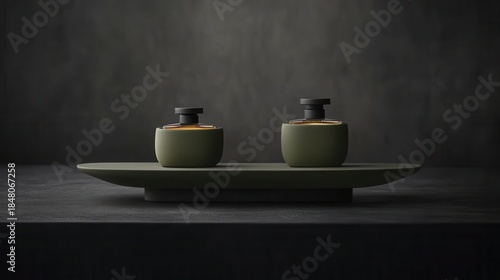 Wallpaper Mural Two modern green perfume bottles on a low shelf display Torontodigital.ca