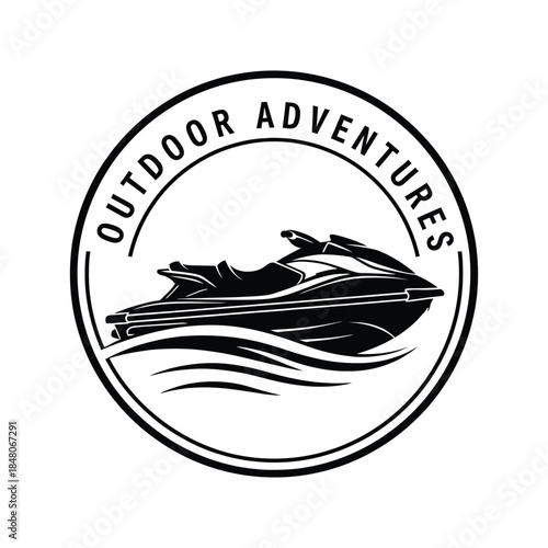 Minimal jet ski silhouette badge in circular emblem style for outdoor adventure logo vector isolated on white background