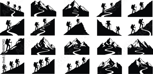 Hiking and mountain climbing silhouettes collection showing backpackers ascending peaks, adventure trails, outdoor exploration, teamwork, and nature travel illustration set