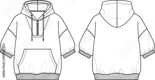 Hoodie sweatshirt technical CAD drawing with front and back views, short sleeves, kangaroo pocket, cad drawing flat vector illustration