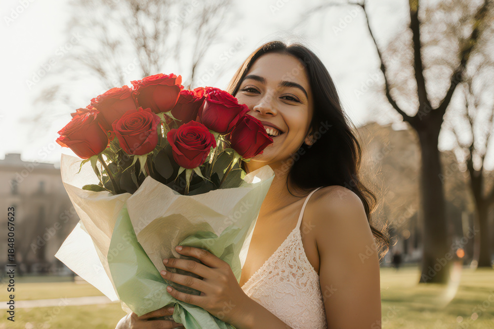 Fototapeta premium Happy young woman smiling holds beautiful red rose bouquet gift. She enjoys romantic present in an outdoor park during sunny day, feeling joyful and appreciated