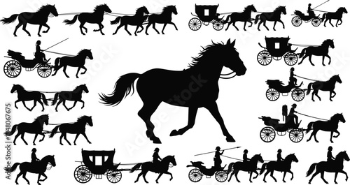 Horse and carriage silhouette collection featuring running horses, riders, and vintage carriages, historical transport scenes, motion, and equestrian illustration set