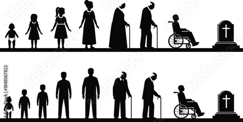 Human life cycle silhouettes from childhood to old age and death, illustrating aging process, lifespan stages, mortality and life journey concepts