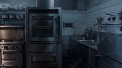 Kitchen in a restaurant before the evening dinner rush with clean surfaces and organized equipment