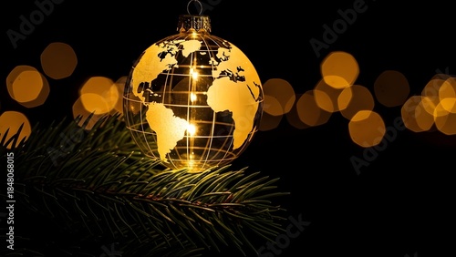 Christmas Globe Ornament on Dark Fir Branch with Gold Bokeh