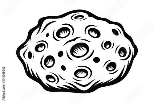 Black & White of Two Textured Asteroids Floating in Space; Detailed Craters