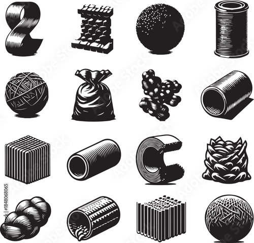 Black and white illustrations of various industrial materials and objects 
