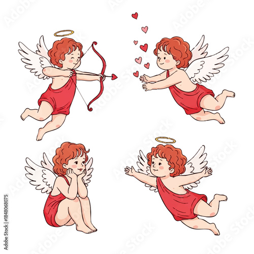 Cute cherubic angels with wings and hearts in playful poses