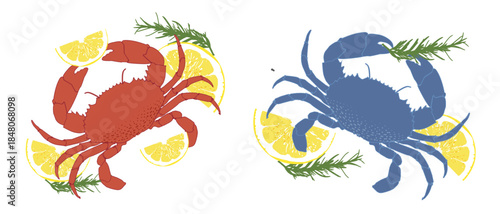Vector seafood illustration: red and blue crabs, on white with lemon slices and rosemary. Flat style, vibrant colors, great for menus, packaging, and print.