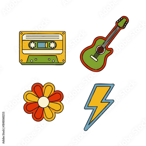 Retro Icon Set with Cassette, Guitar, Flower, and Lightning Bolt
