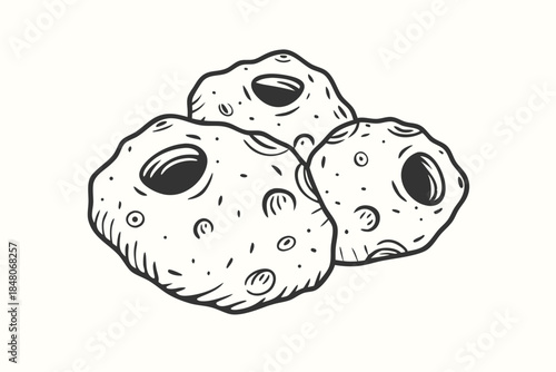 Monochrome Drawing of Three Asteroids with Crater Details and Orbiting Specks on White