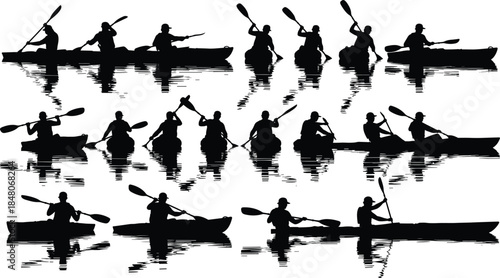 Kayaking silhouettes showing paddlers rowing on calm water with reflections, outdoor adventure sport, teamwork, and nature lifestyle illustration set