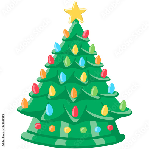 throwback ceramic christmas tree decorate with colorful light and star flat doodle hand-drawn