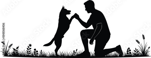 Black silhouette vector illustration of a man kneeling on grass giving a high five to his pet dog in nature