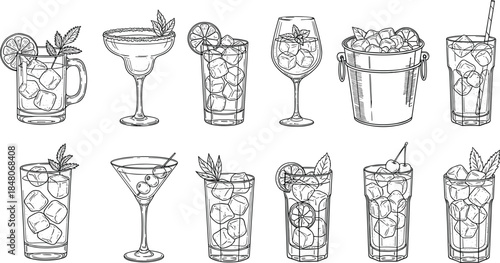 Hand-Drawn Cocktail Glasses Vector Set – Monochrome Drink Illustrations with Ice, Fruit Garnishes, and Barware Styles