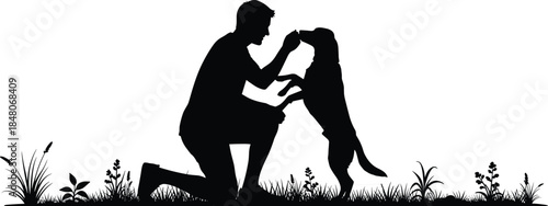 Black silhouette vector illustration of a happy man kneeling on grass playing with his loyal dog in a nature park
