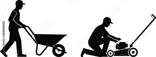 Black silhouette vector set of a male gardener pushing a wheelbarrow and kneeling to fix a lawn mower engine