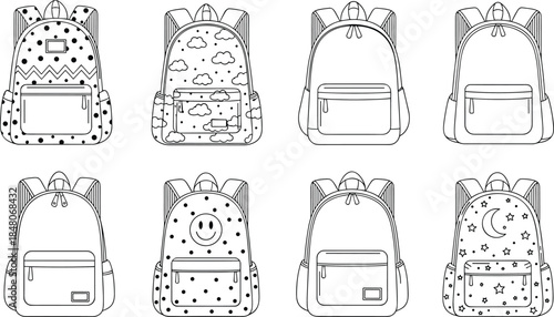 Kids backpack collection technical CAD drawing with multiple front views, cute patterns and prints, cad drawing flat vector illustration