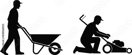 Silhouette vector of landscaping workers with one man pushing a wheelbarrow and another repairing a lawnmower for gardening maintenance