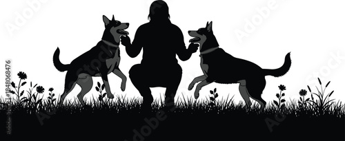 Vector silhouette of a woman playing with two shepherd dogs in a grassy meadow with wildflowers isolated on a white background