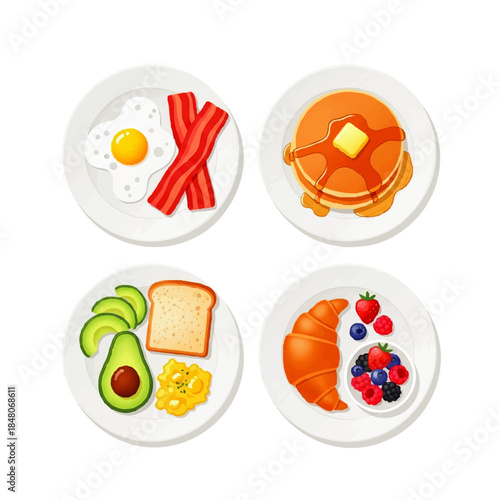 Variety of Breakfast Dishes Including Pancakes and Avocado Toast