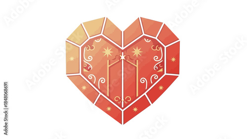 Vibrant stained glass heart with intricate decorative patterns and warm color tones