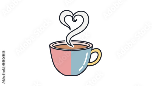 Whimsical Coffee Cup Illustration with Heart-Shaped Steam Artistic Doodle Design