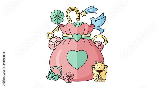 Whimsical Charm with Lucky Symbols and Playful Elements in a Delightful Illustration