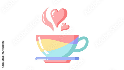 Whimsical cup with floating hearts and vibrant pastel colors evoking warmth and love