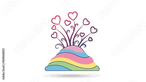 whimsical colorful landscape with heart-shaped love symbols sprouting from a vibrant