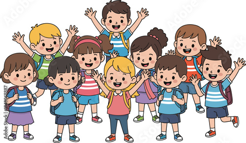 Happy Diverse Group of School Kids Waving with Backpacks, Ready for School, Cartoon Vector Illustration of Students and Friends.