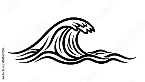 Stylized black and white illustration of a breaking ocean wave against a white background.