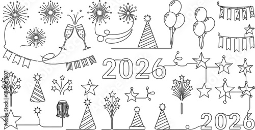 Festive New Year 2026 celebration with fireworks, balloons, champagne, streamers, stars, party hats, joyful unity worldwide