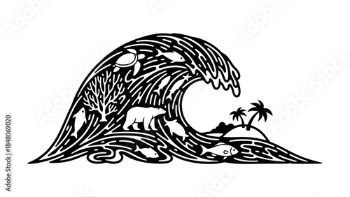 Stylized ocean wave with marine life and polar bear on isolated white background