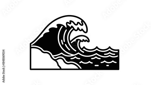 Stylized black and white illustration of large ocean waves crashing on a shore.