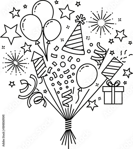 Celebratory fireworks rockets with streamers, banners, glowing lights, festive joy, unity, happiness, cheerful party vibes