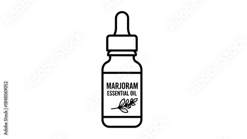 Marjoram essential oil bottle with dropper and leaf icon isolated on white background.