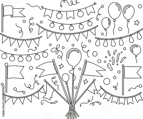 Celebratory fireworks rockets with streamers, banners, glowing lights, festive joy, unity, happiness, cheerful party vibes