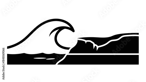 Stylized wave crashing against rocky shore in a minimalist black and white vector graphic.