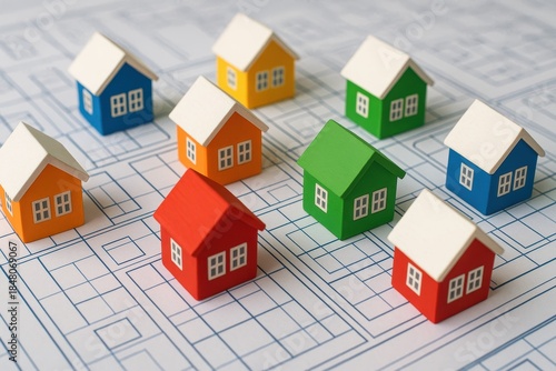 3d models of colorful miniature houses aerial blueprint view for urban planning and real estate