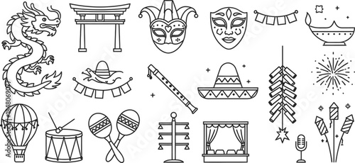A big Collection of Chinese Culture Icons outline. Temple, Lantern, Dragon, Asian , Ceremony, Mooncake, Fireworks, and More