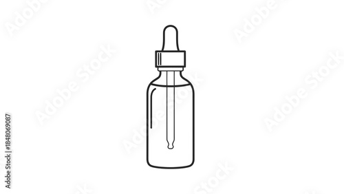 Line drawing of a glass dropper bottle with liquid inside, isolated on a white background.
