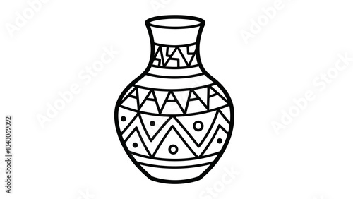 Isolated black and white line art illustration of a decorative vase with geometric patterns
