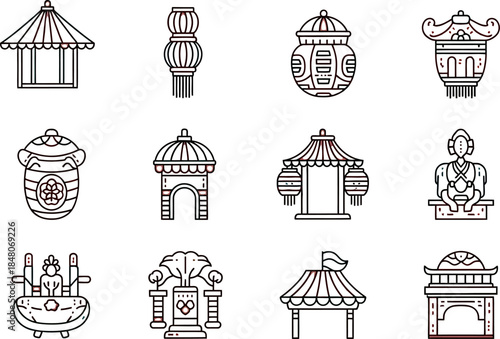A big Collection of Chinese Culture Icons outline. Temple, Lantern, Dragon, Asian , Ceremony, Mooncake, Fireworks, and More