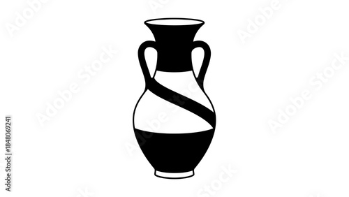Black and white illustration of an ancient amphora vase with two handles, isolated.