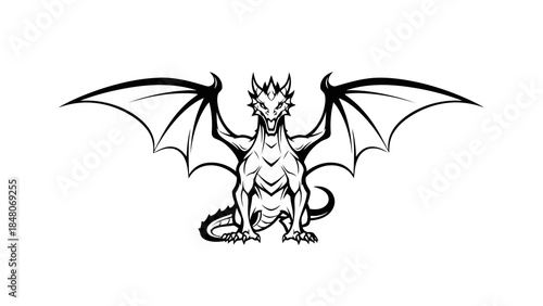 Black and white illustration of a mythical winged dragon with sharp claws and a fierce expression.