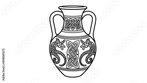 Ancient celtic dragon motif vase with intricate knotwork details, isolated graphic