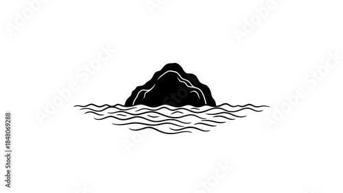 Isolated black rock formation rising from stylized wavy water, clean design